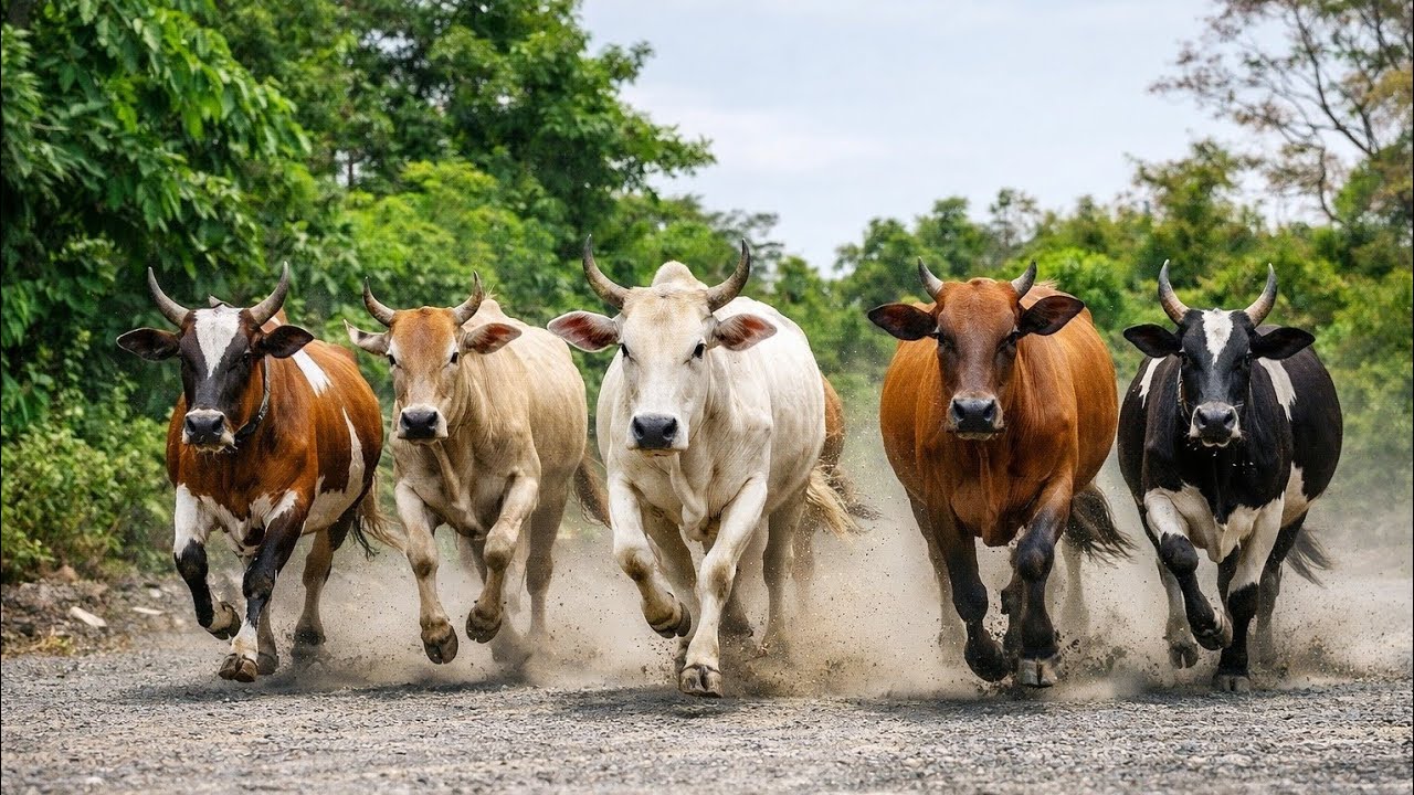 Accompanying a herd of cows running happily on their way to the fresh grassland, natural atmosphere