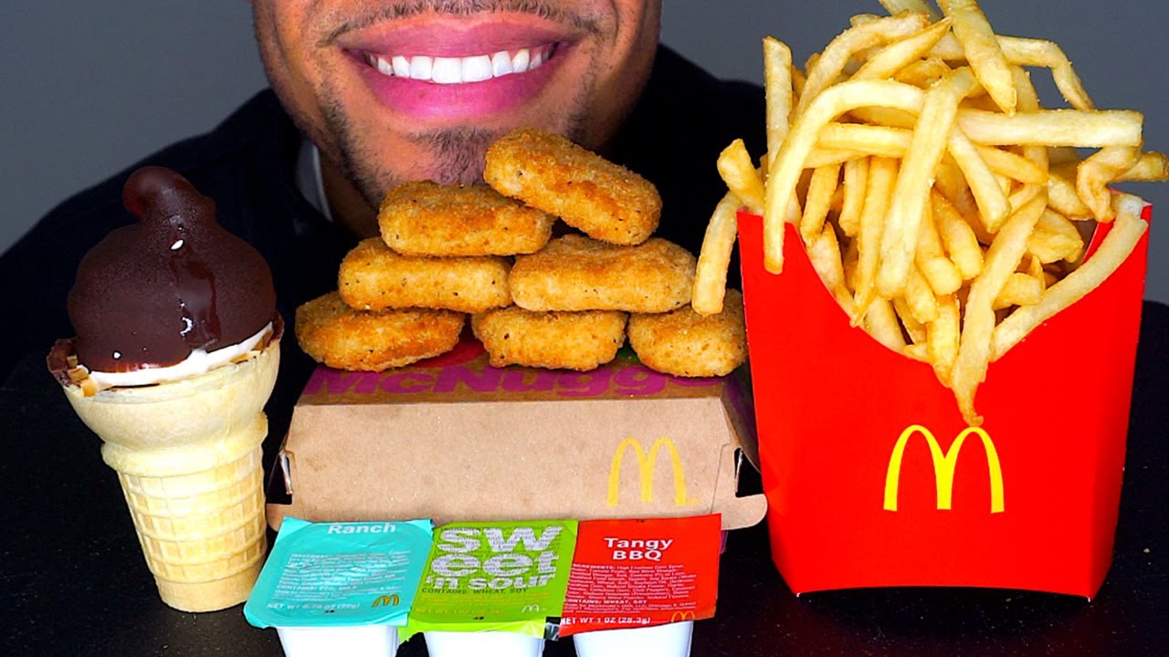 MCDONALD'S CHICKEN NUGGETS ICE CREAM CONE DIPPED CHOCOLATE CRISPY FRENCH FRIES BIG BITES ASMR MUKBAN