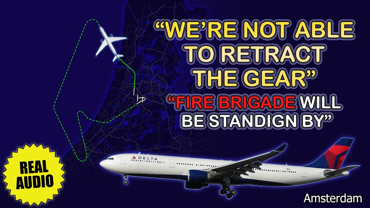 Pilots are unable to retract the landing gear. Delta Airbus A330 returns to Amsterdam. Real ATC