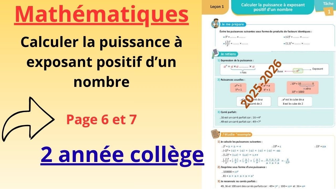Le&ccedil;on n&deg;1:Calculer la puissance &agrave; exposant positif d&rsquo;un nombre : 2 ann&eacute;e coll&egrave;ge (المدرسة الرائدة)