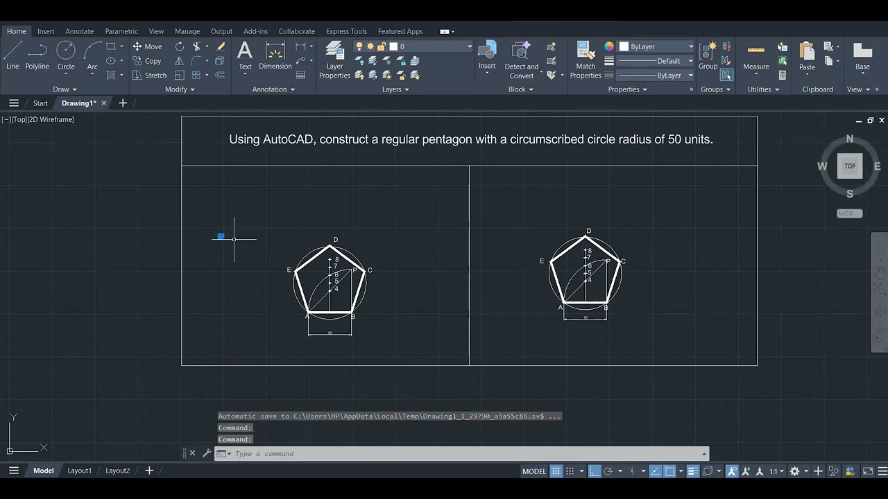 Constructing a Perfect Pentagon in AutoCAD | Radius 50 Units