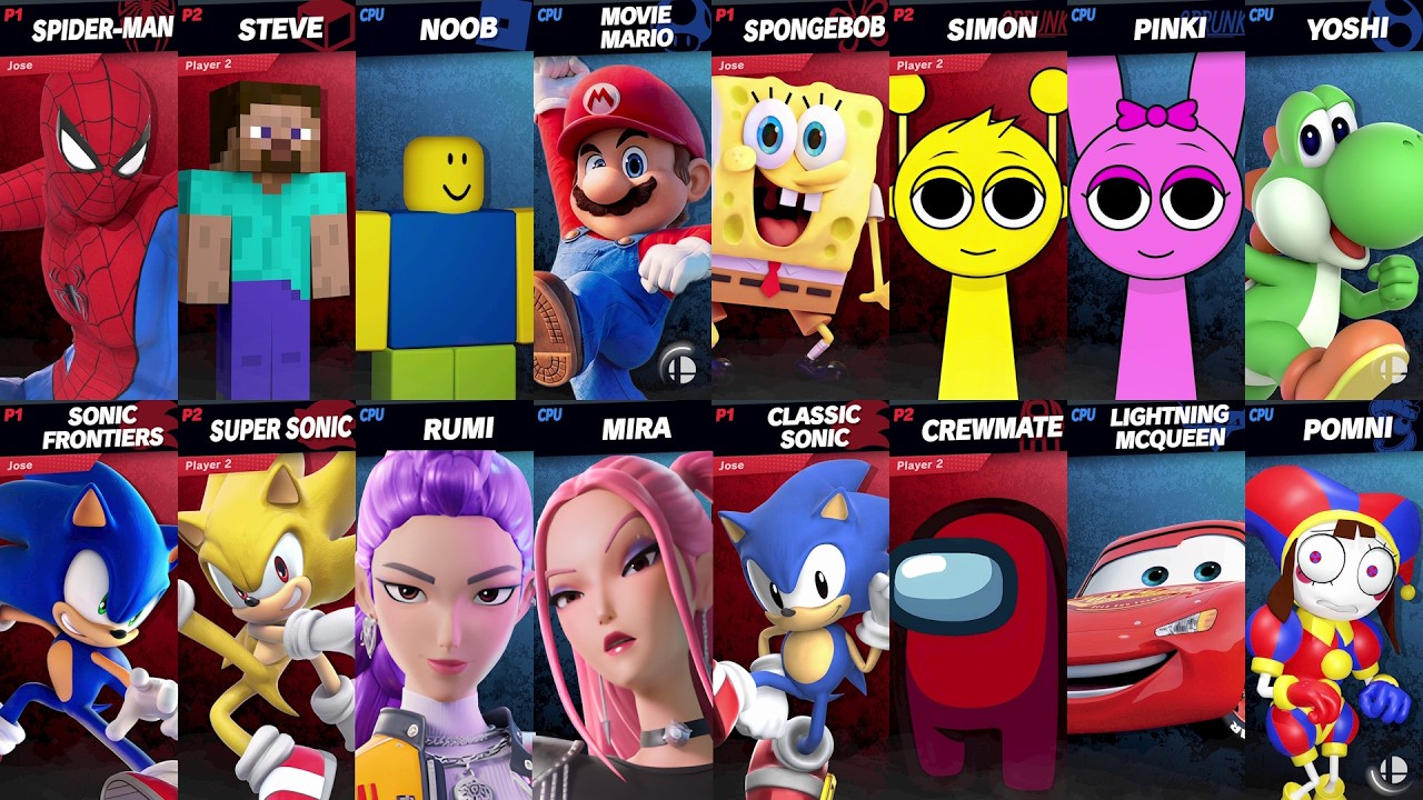 Sonic vs Mario vs Spider-Man vs Roblox vs Minecraft vs Car vs Fortnite | Super Smash Bros Ultimate