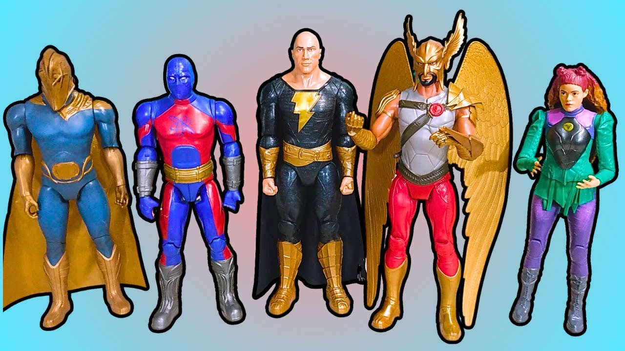 BONECOS ARTICULADOS ADÃO NEGRO, GAVIÃO NEGRO, CYCLONE, SENHOR DESTINO E ESMAGA-ATÓMO -DC COMICS 30cm