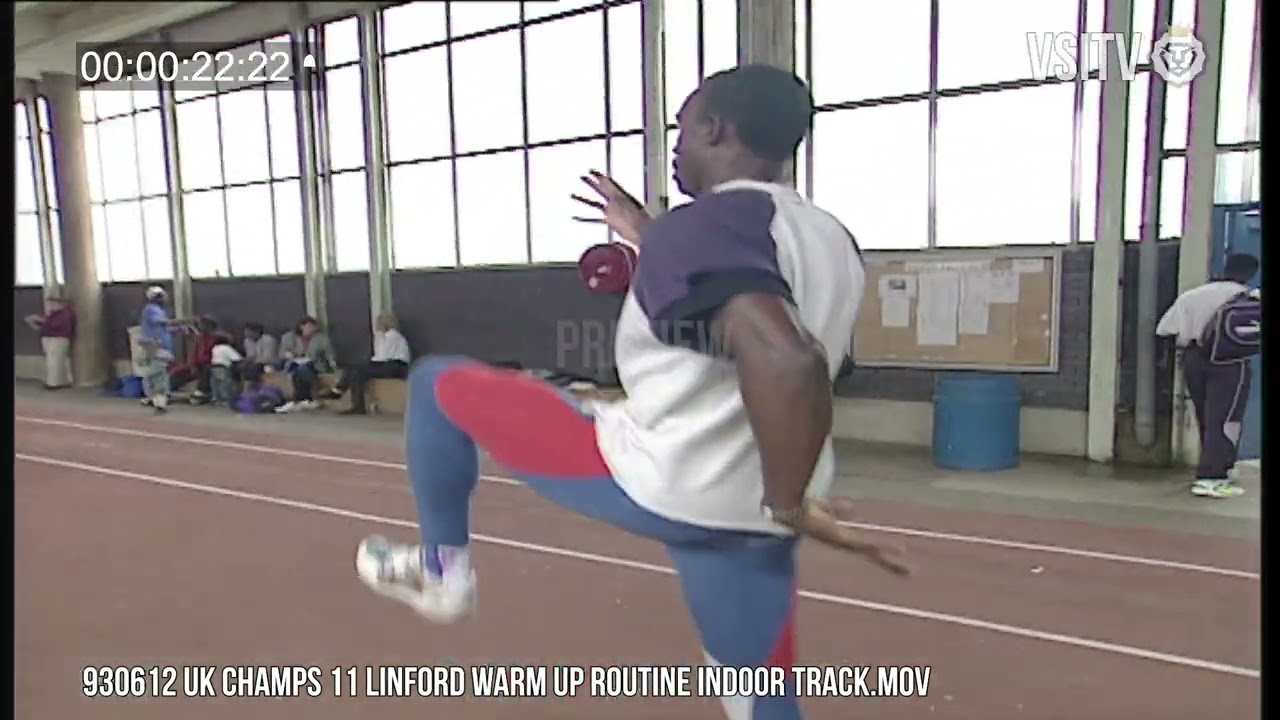 Linford Christie warm before winning 100M Final at 1993 UK Championships