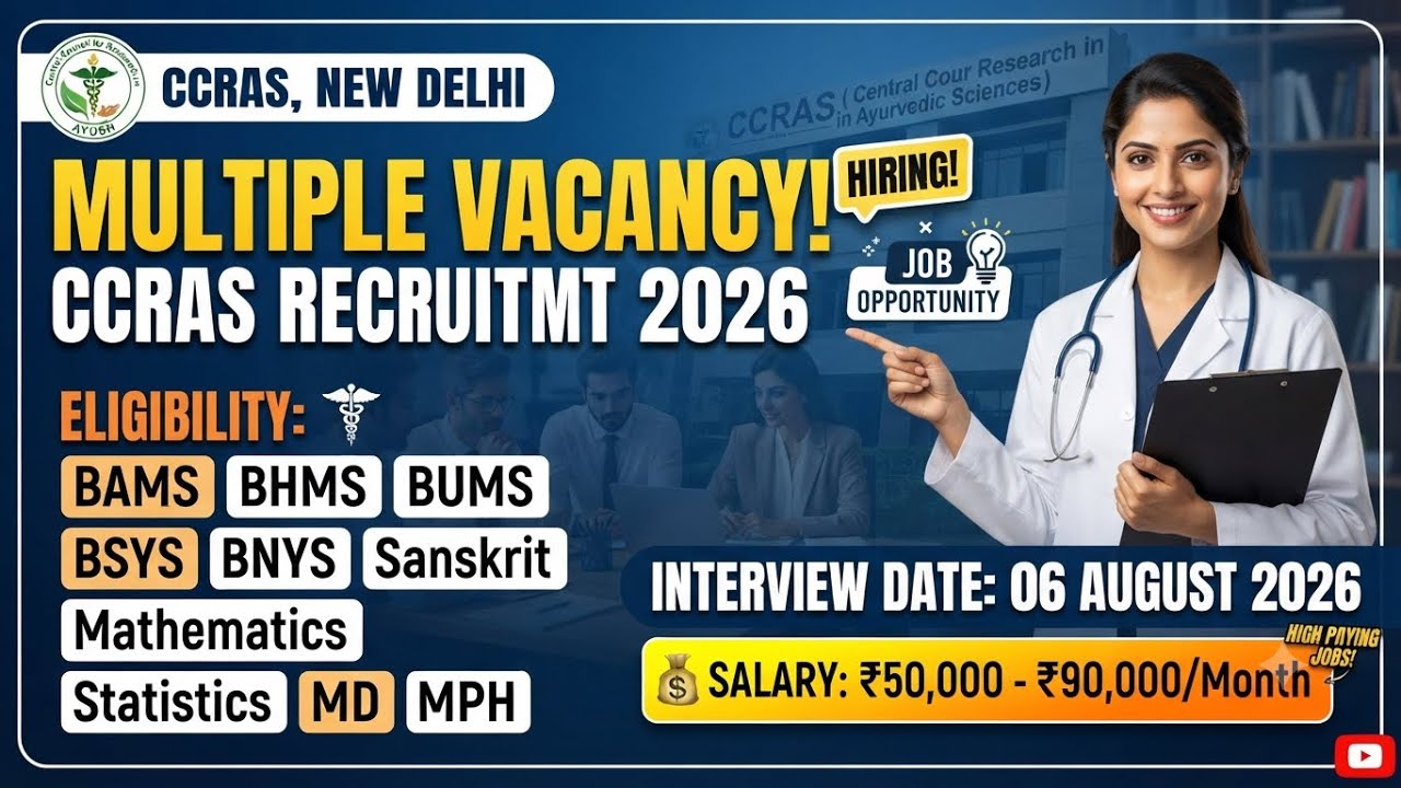 CCRAS, New Delhi Multiple Vacancy || Eligibility- AYUSH/ Sanskrit / MPH / Maths ||Interview - 6/7/26