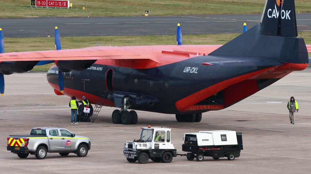 Antonov-12BK Startup, Taxi and Takeoff Birmingham Airport