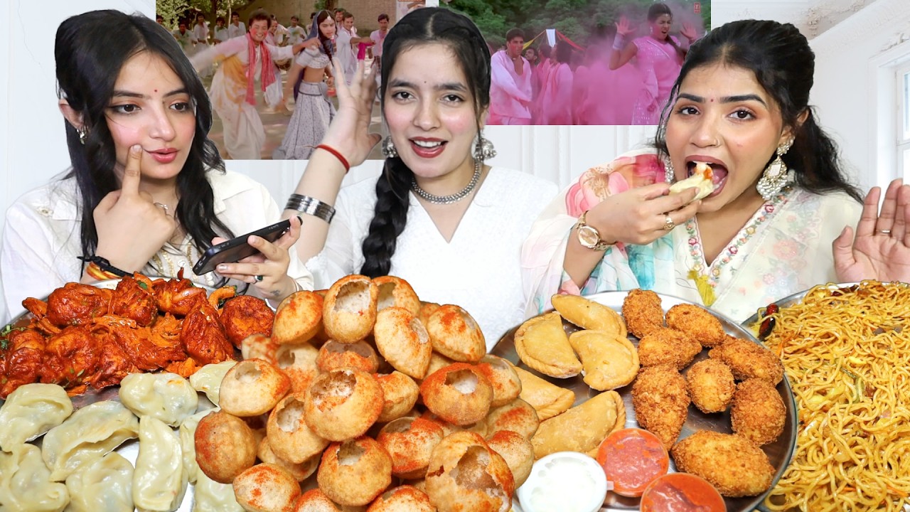 Guess the Holi Songs Food Eating Challenge | Golgappa, Spicy Momos🔥 Noodles🥵, Kurkure Momos, Gujiya
