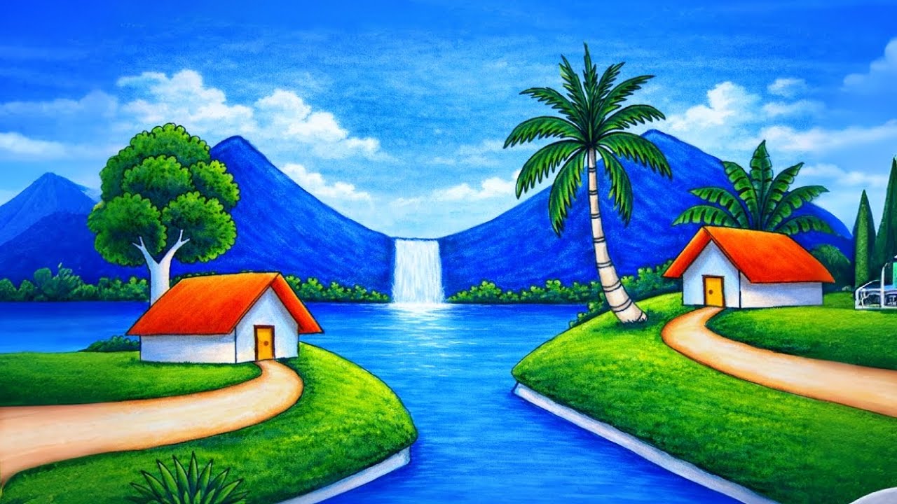 How to Draw Beautiful Village Scenery Drawing with River & Waterfall | Mountain Waterfall Drawing 