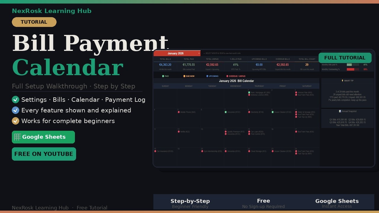 Bill Payment Calendar Google Sheets Tutorial | NexRosk | Full Setup
