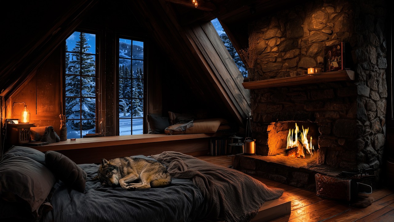 Quiet Snowy Cabin Night - Warm Fireplace Crackling and Gentle Snowfall for Deep Sleep and Rest