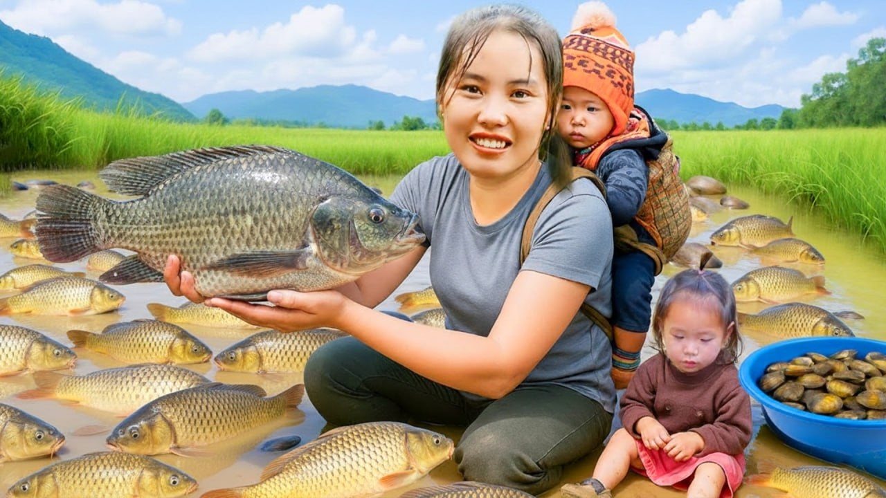 Unexpected Discovery of a Mysterious Giant Fish School in the Fields – Catching & Cooking a Feast