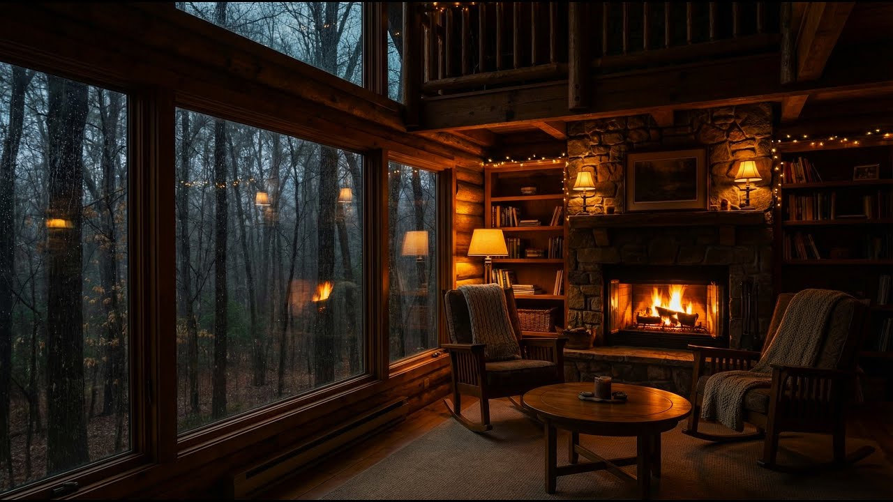 4K Rainy Evening in a Cozy Forest Cabin | Fireplace & Warm Ambience