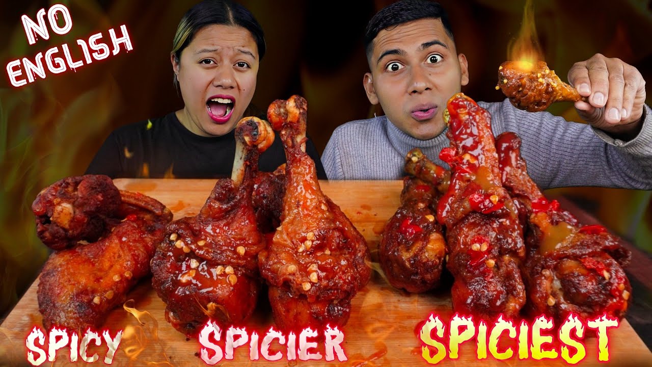 SPICIEST CHICKEN Leg Piece and Wings Challenge + NO ENGLISH || Husband wife eating spicy chicken🔥