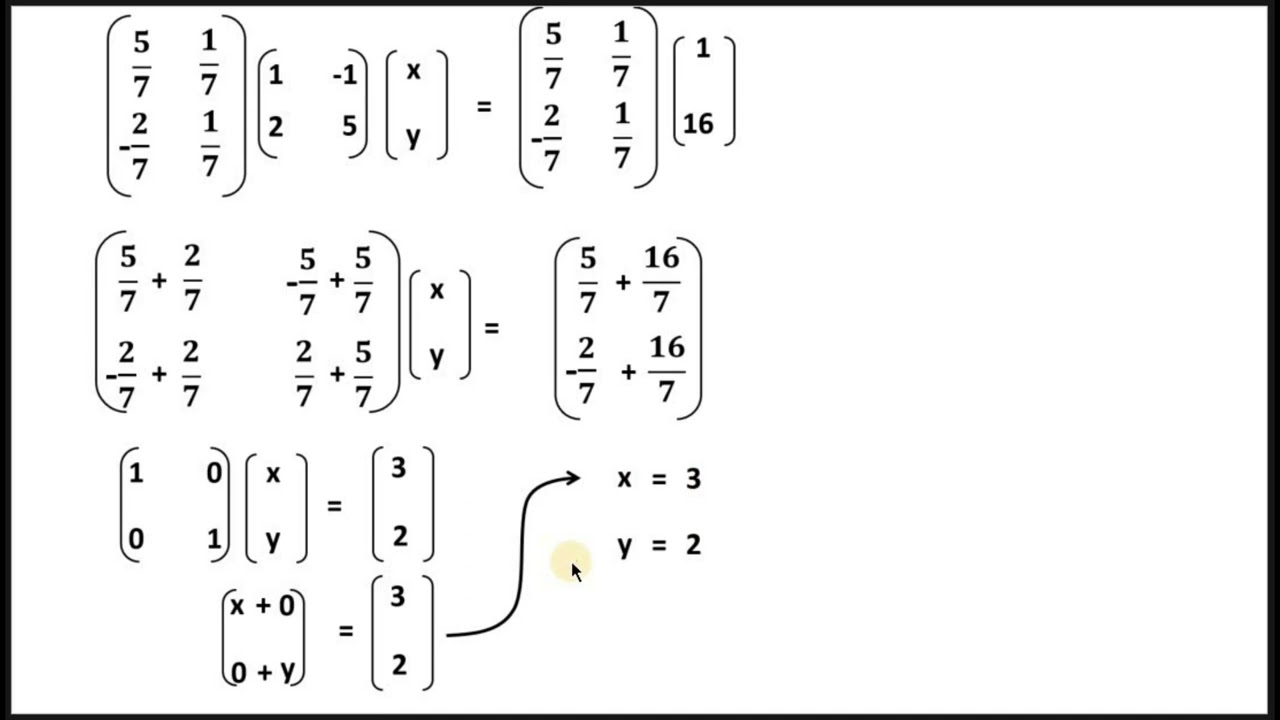 Solving simultaneous equations using matrices method step by step lesson.