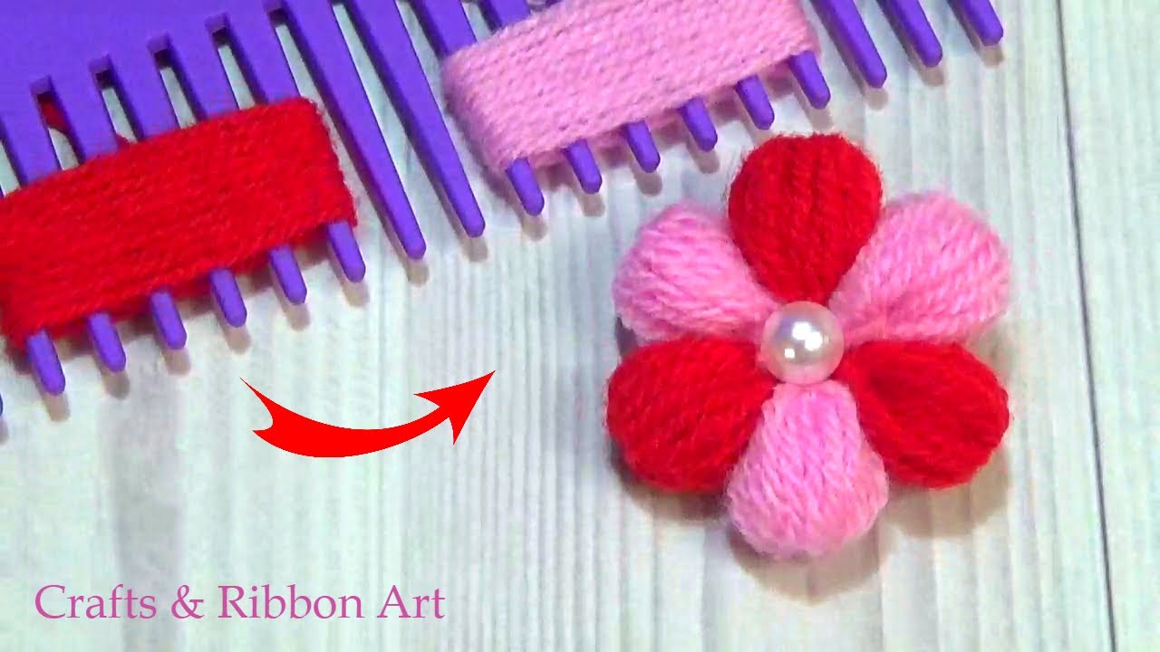 Amazing Woolen Flower Ideas with Hair Comb - Easy Trick -  Hand Embroidery Design - Yarn Flowers