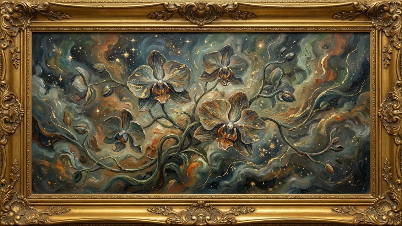 4K TV Art Frame: Celestial Bloom Nebula Orchid | Cosmic Botanical Oil Painting Virtual Window