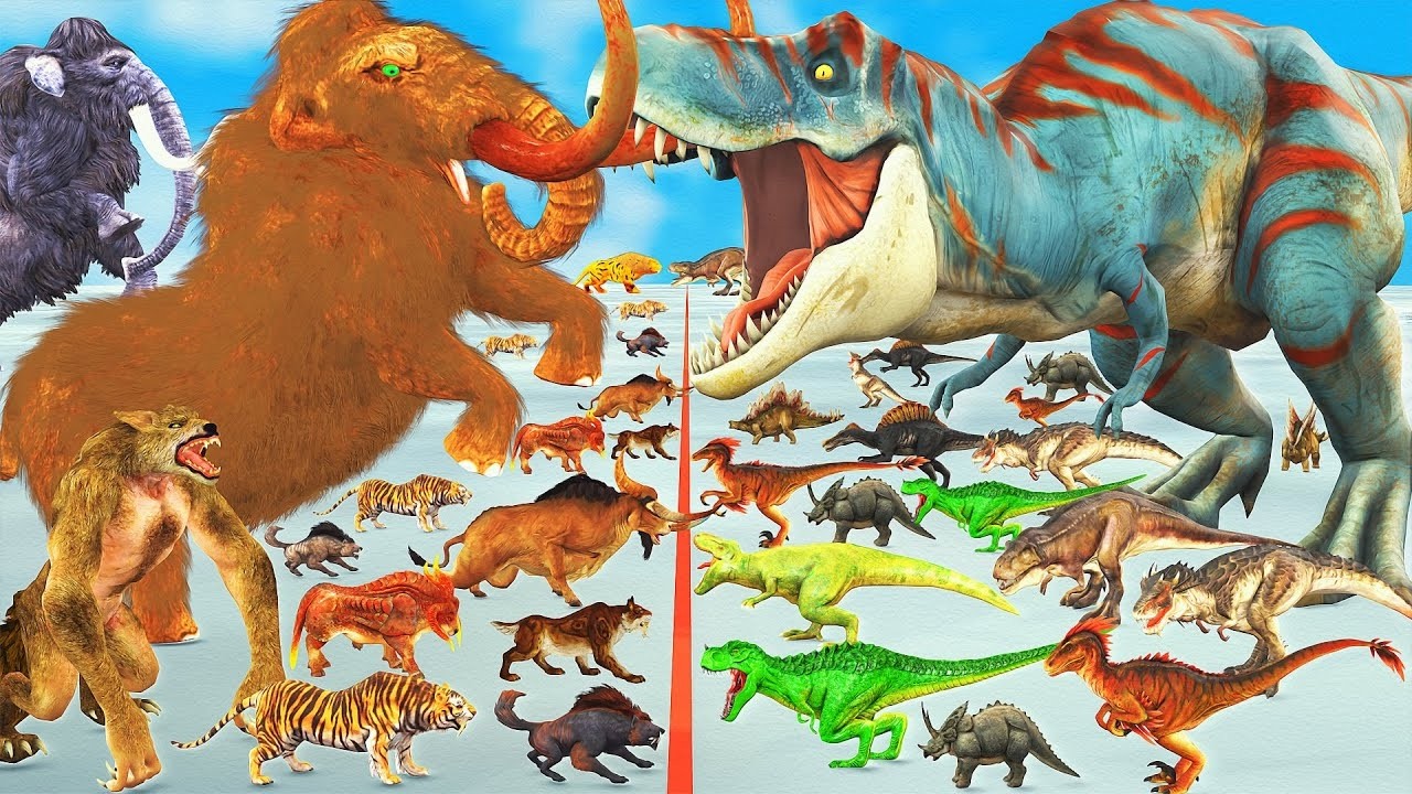 The Ultimate Battle 40 Wild Animals Mammals vs GIGA T-REX Dinosau Epic Run Zigzag Down Course