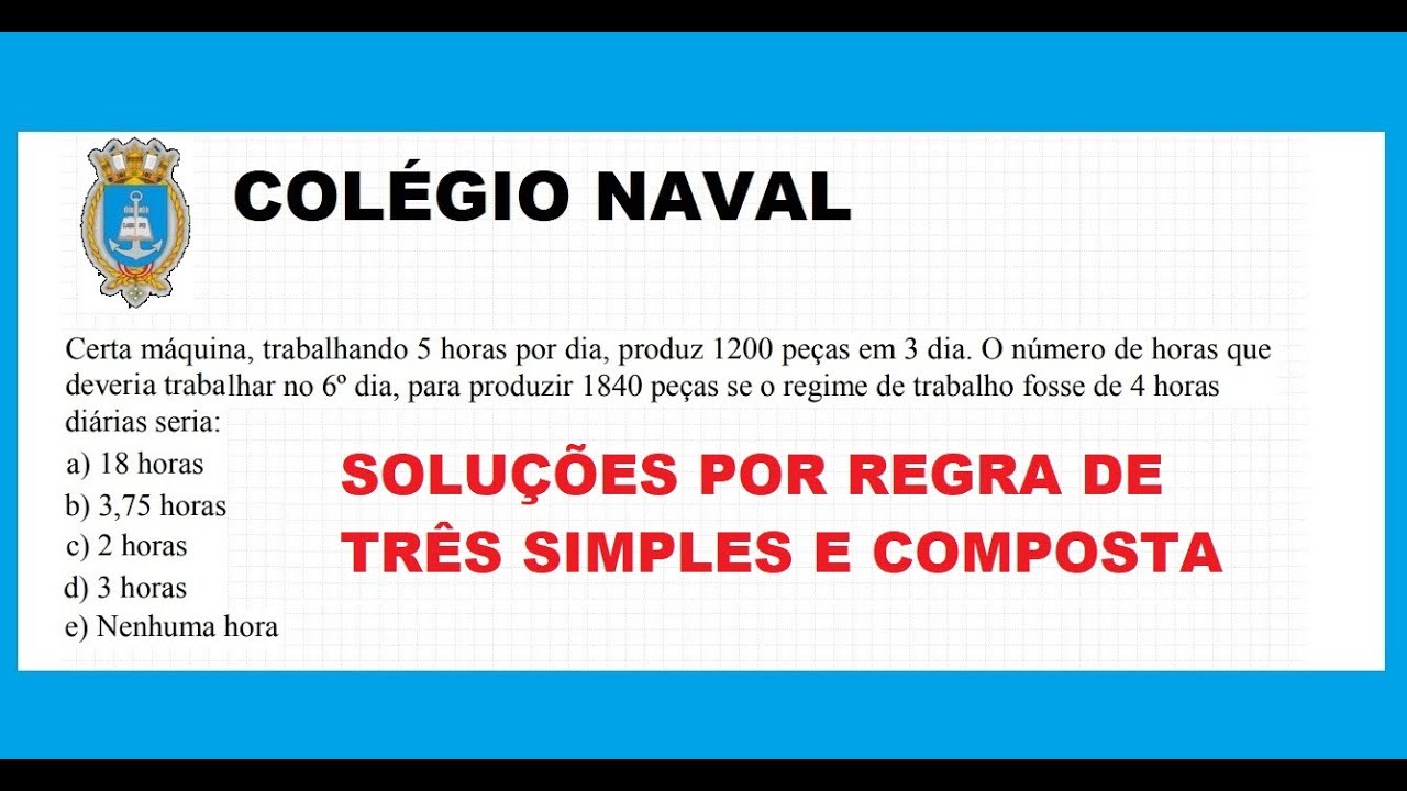 Colégio Naval - Produção de 1200 peças em 3 dias com 5 horas/dia. Produzir 1840 trabalhando 4hs/dia