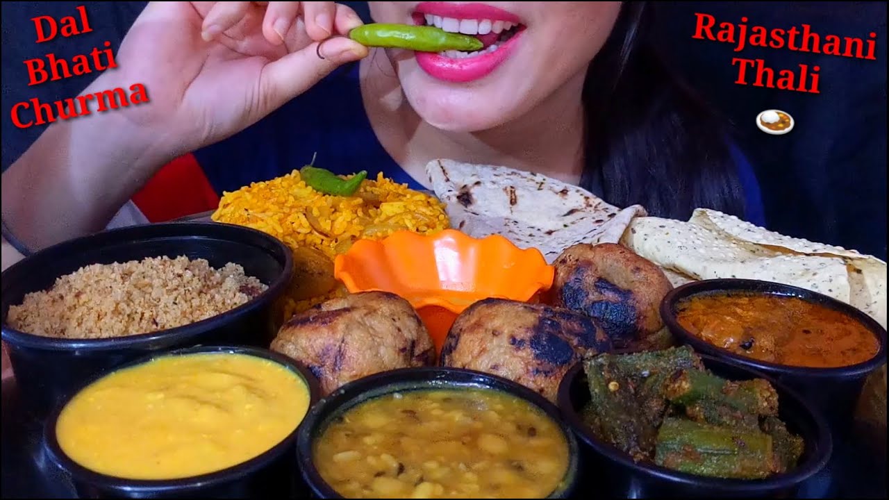 Eating Dal Bhatti Churma, Gatta pulao, Dal, Kadi, Bhindi, Roti || Rajasthani Thali Eating Show ||