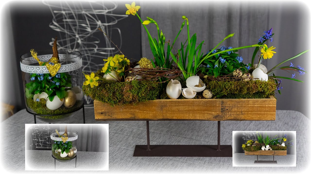 Osterdeko mit Kranznestern🐣Tablett u. Glas frühlingshaft-österlich dekoriert | Blumen u. Dekoration