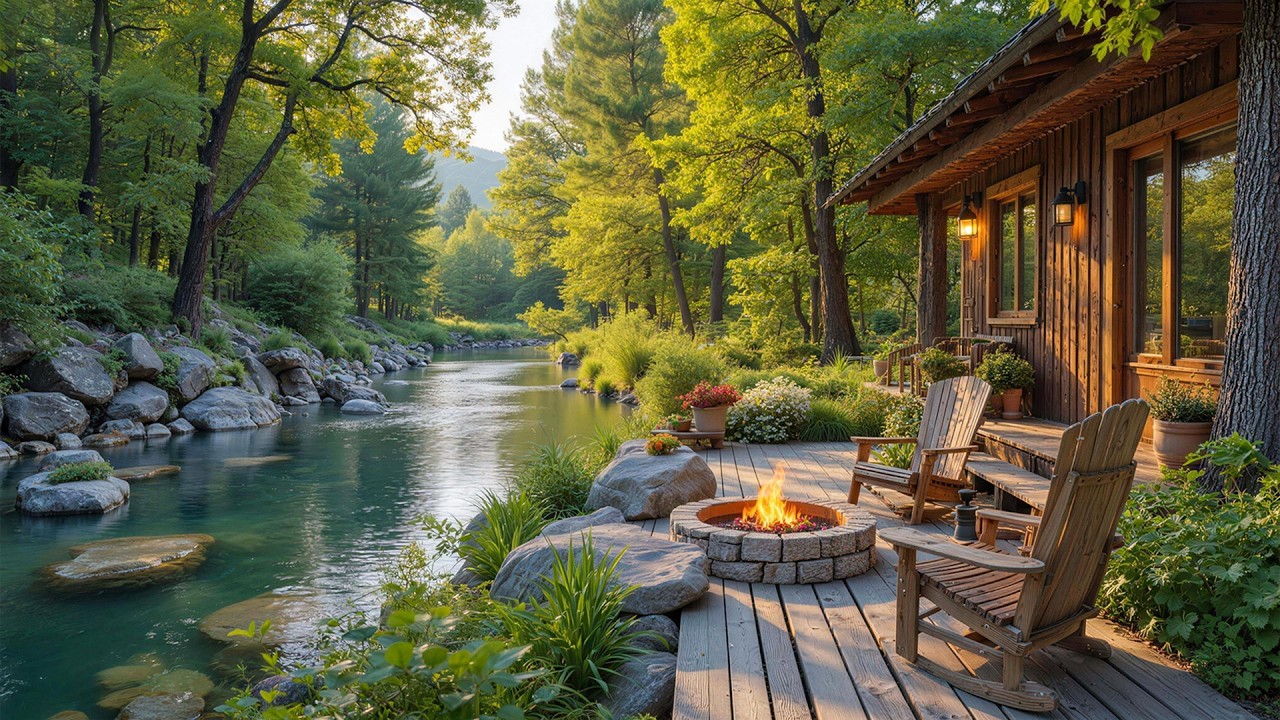 Calming Spring Forest Riverside with Gentle River & Fireplace Sounds 🌺Tranquil Piano Music for Relax