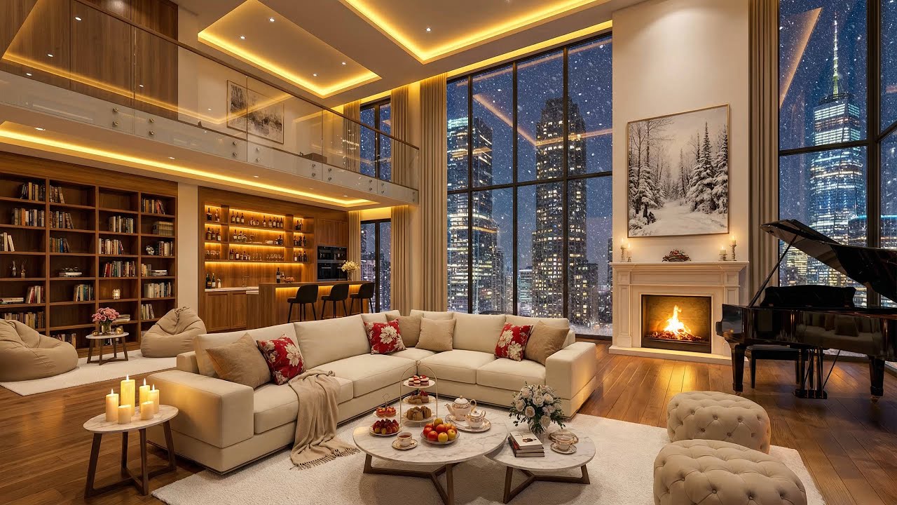 Relaxing Snowy Night ❄️ Luxury Penthouse Ambience with Smooth Jazz & Fireplace Sounds for Sleep