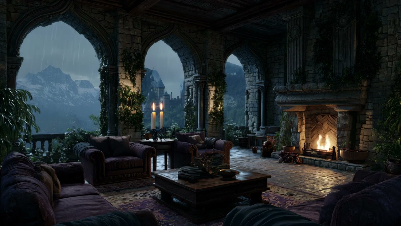 Dark Gothic Castle Rain | Fireplace & Rain | Dark Fantasy Ambience For Sleep, Reading, Focus (3 Hrs)