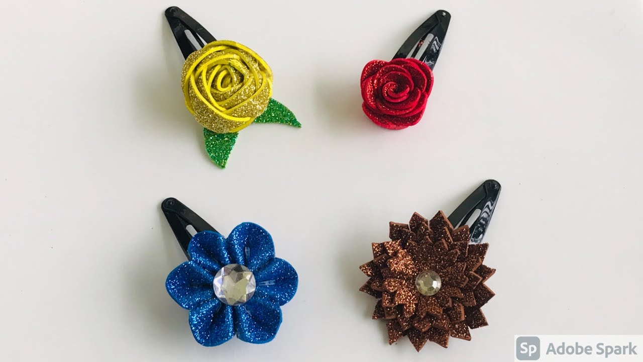 DIY  4 Flower Hair Clips With Glitter Foam Sheets / Flower Hair Clips Tutorial