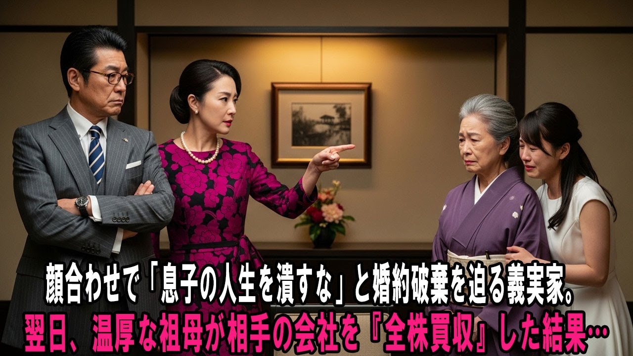 顔合わせで「息子の人生を潰すな」と婚約破棄を迫る義実家。翌日、温厚な祖母が相手の会社を『全株買収』した結果… 立場逆転で土下座祭り