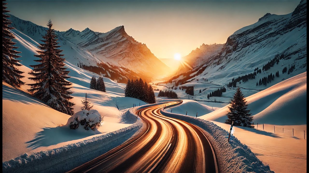 Sunset in Alpine Mountains | Snowy Roads 4K 🌄❄️🇨🇭