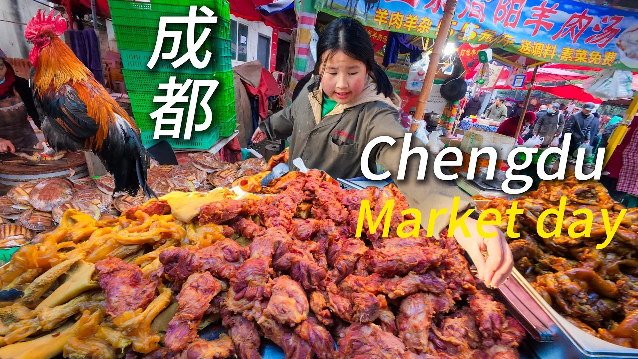 China Street food Chengdu market,Tasting sweet crispy roast duck, hand noodles, spicy Sichuan treats