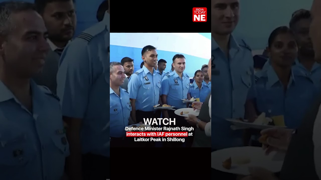 Defence Minister Rajnath Singh interacts with IAF personnel at Laitkor Peak in Shillong