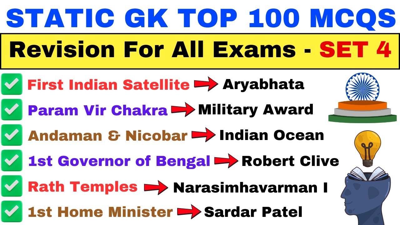Static GK 100 MCQs | SSC, UPSC, Railway, Banking, NDA, CDS, Defence Exams | Set 4
