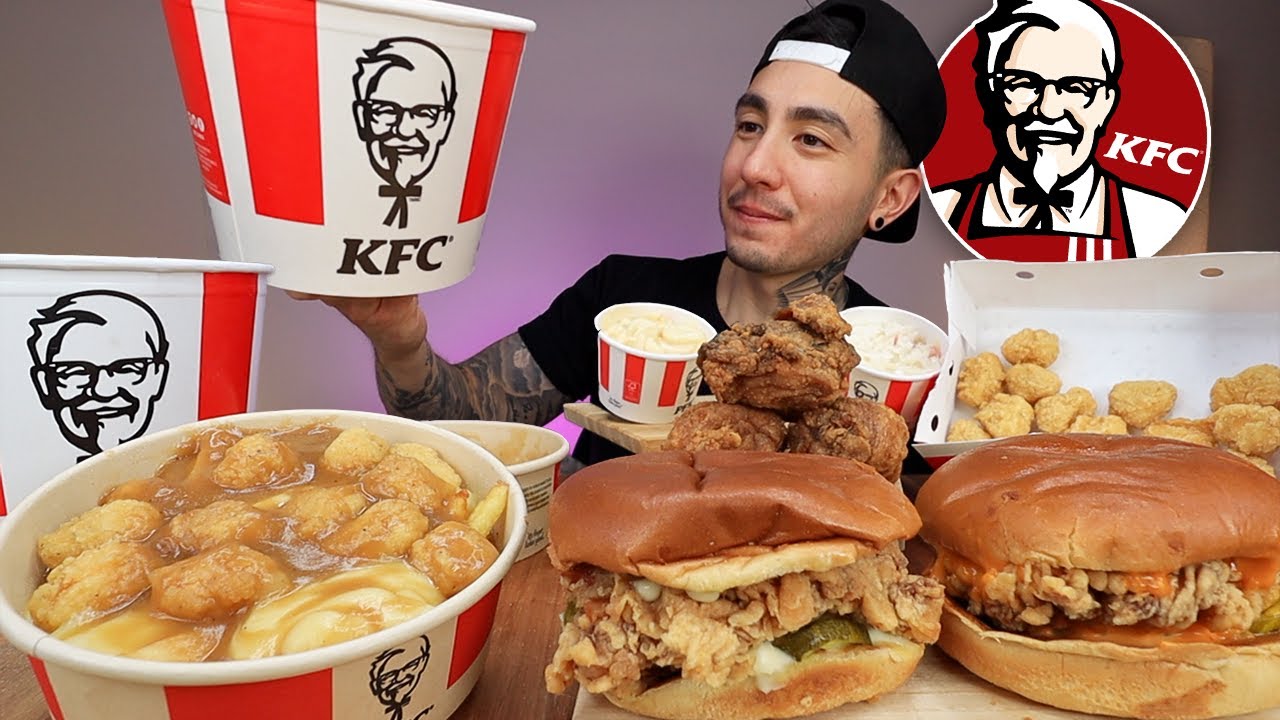 MUKBANG EATING KFC Spicy Famous Fried Chicken Sandwich, Popcorn Chicken Poutine, Fried Chicken