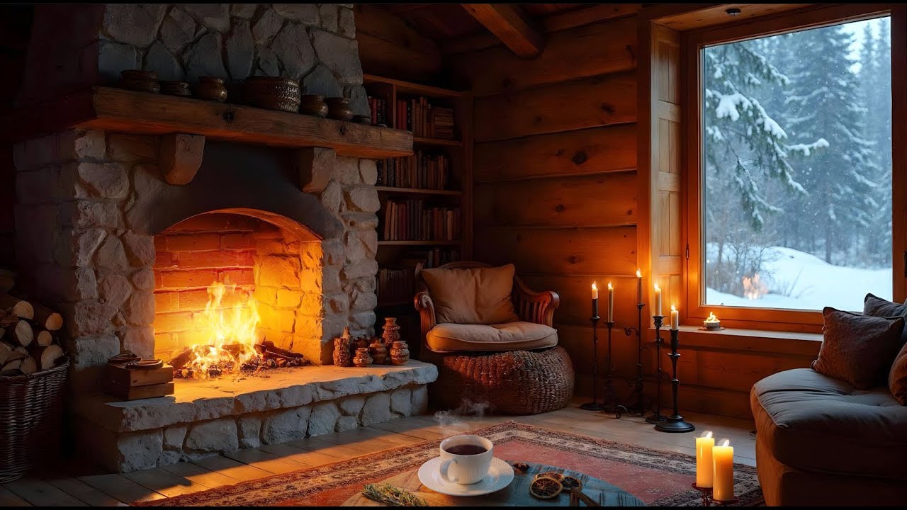 Cozy burning fireplace in a winter country house in a rustic style. Looped video.