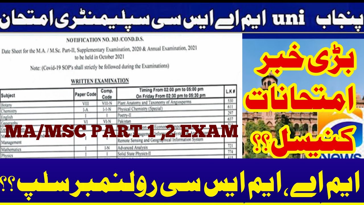Punjab University MA/Msc roll no slip Supplementary part 2 Exam Punjab University Ma date sheet 2021