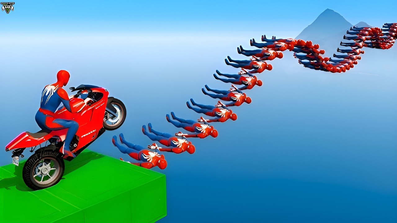 🦸🦈سبايدر مان اصعب دراجة نارية فوق اسماك القرش - Superheroes Ride on Motorcycle Stunts Funny😜 Moments