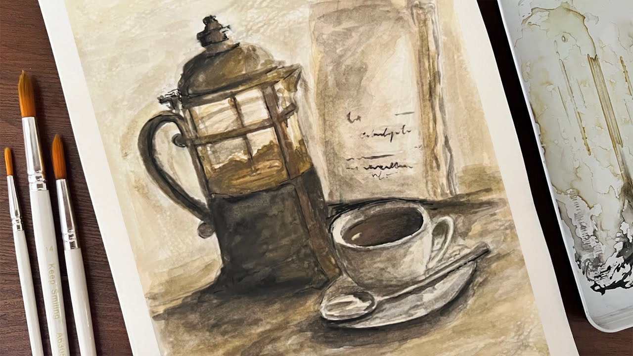 Painting of a French Press and Coffee Cup, Art Piece for Coffee Lovers | Watercolor Art