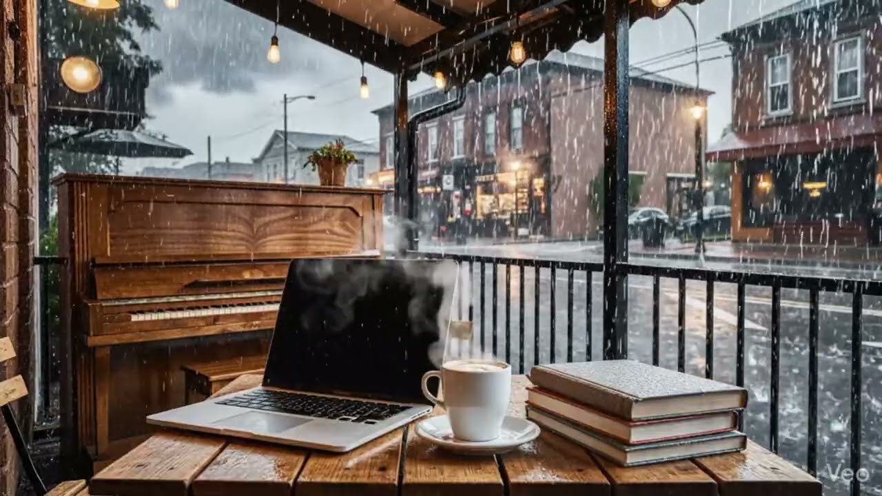 Heavy Rain Sounds on Roof & Window + Piano Ambience ☔ Deep Focus Study
