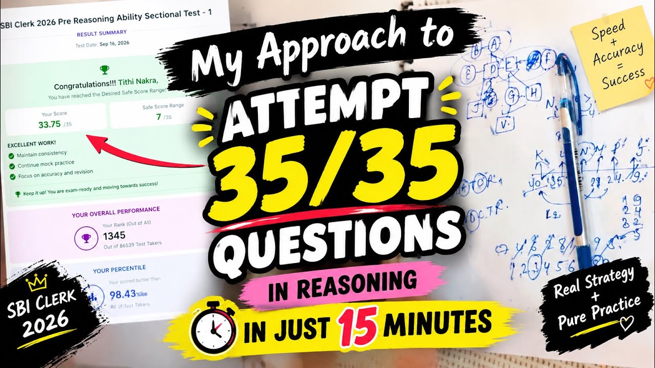 ‼️35/35 In Just 15 Mins🎯 | My Approach 🌻| SBI CLERK REASONING🚨| The Banking Hustle🎀🧿