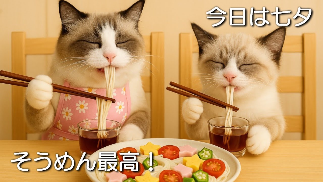 ママ猫と子猫の七夕パーティー🎋星のそうめんを作るやさしい夏の夜（ルナとソラ）
