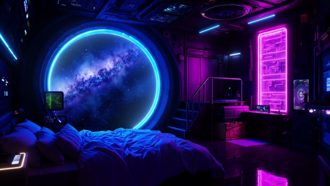 Neon Galaxy Cabin | Cozy Futuristic Spaceship Sleep Ambience & Deep Space Window View | 4K | 10Hrs
