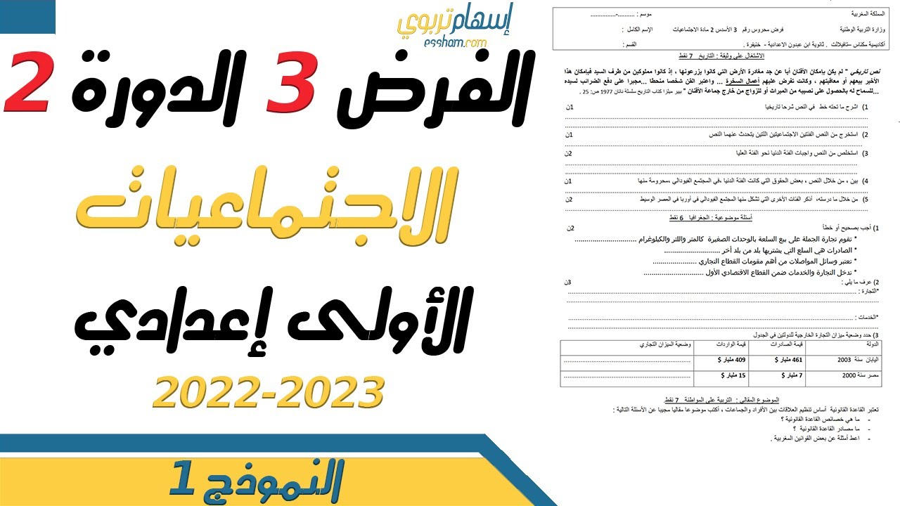 تصحيح فرض الاجتماعيات للسنة الأولى إعدادي الفرض الثالث الدورة الثانية   النموذج 1