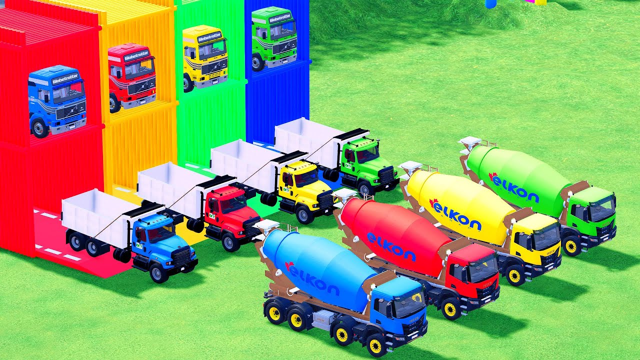 Garage with Colors - ALL MIXER TRUCK WITH DOUBLE FLATBED TRAILER TRUCK, VOLVO, LIZARD, MACK