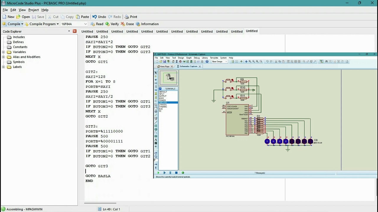 #7 PROTEUS | PIC16F84A PROGRAMLAMA | Butonlar ile led simülasyonu #Proteus #Pic #Microcode