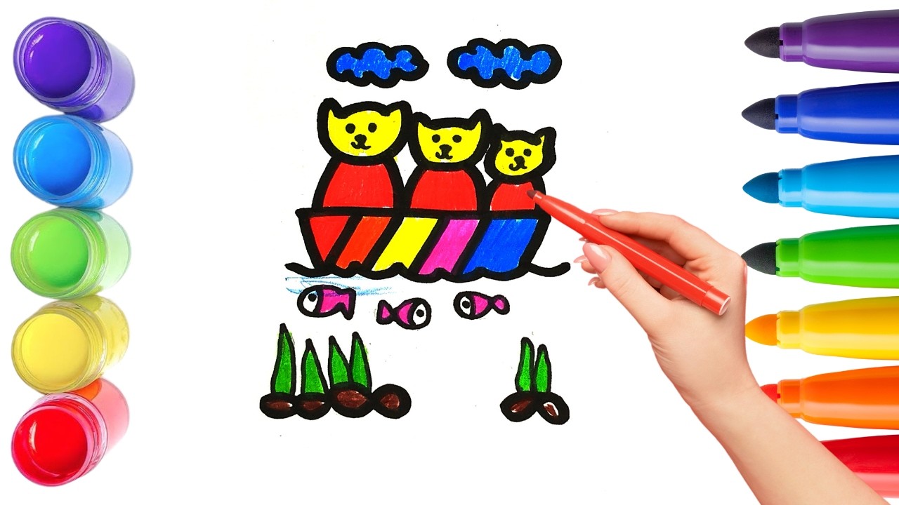 How To Draw cute CAT,FISH Drawing, Painting & Coloring For Kids and Toddlers_🌈🎨
