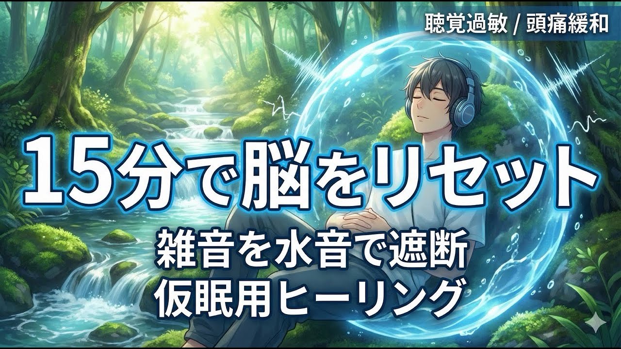 【聴覚過敏から耳を守る】15分で脳をリセット。周りの雑音を「水音」で遮断する仮眠用ヒーリング【聴覚過敏/頭痛緩和】
