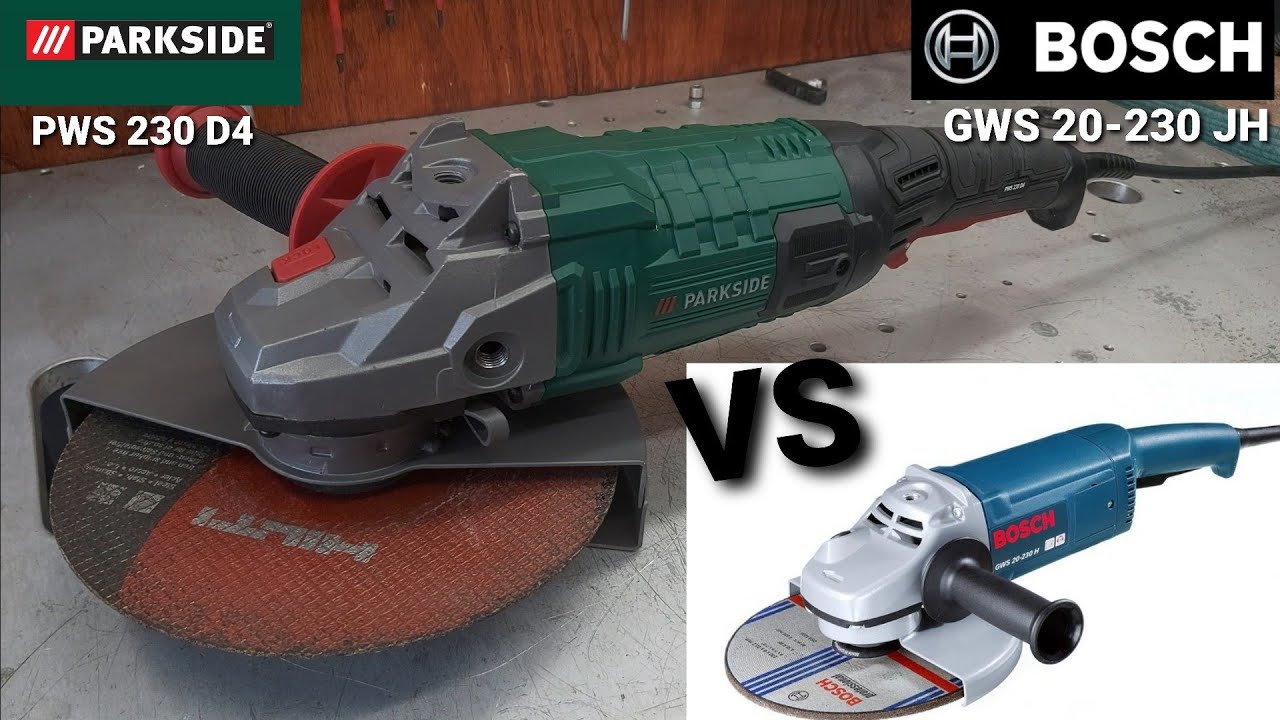 Большая угловая шлифовальная машина Parkside PWS 230 D4 по сравнению с BOSCH GWS 20-230JH