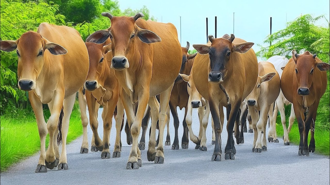 Aktivitas Pengembala Sapi lembu jinak, Suara Sapi Moo, Kerumunan Sapi Lucu Berjalan menuju kandang