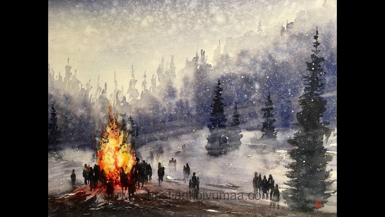 Watercolor winter landscape